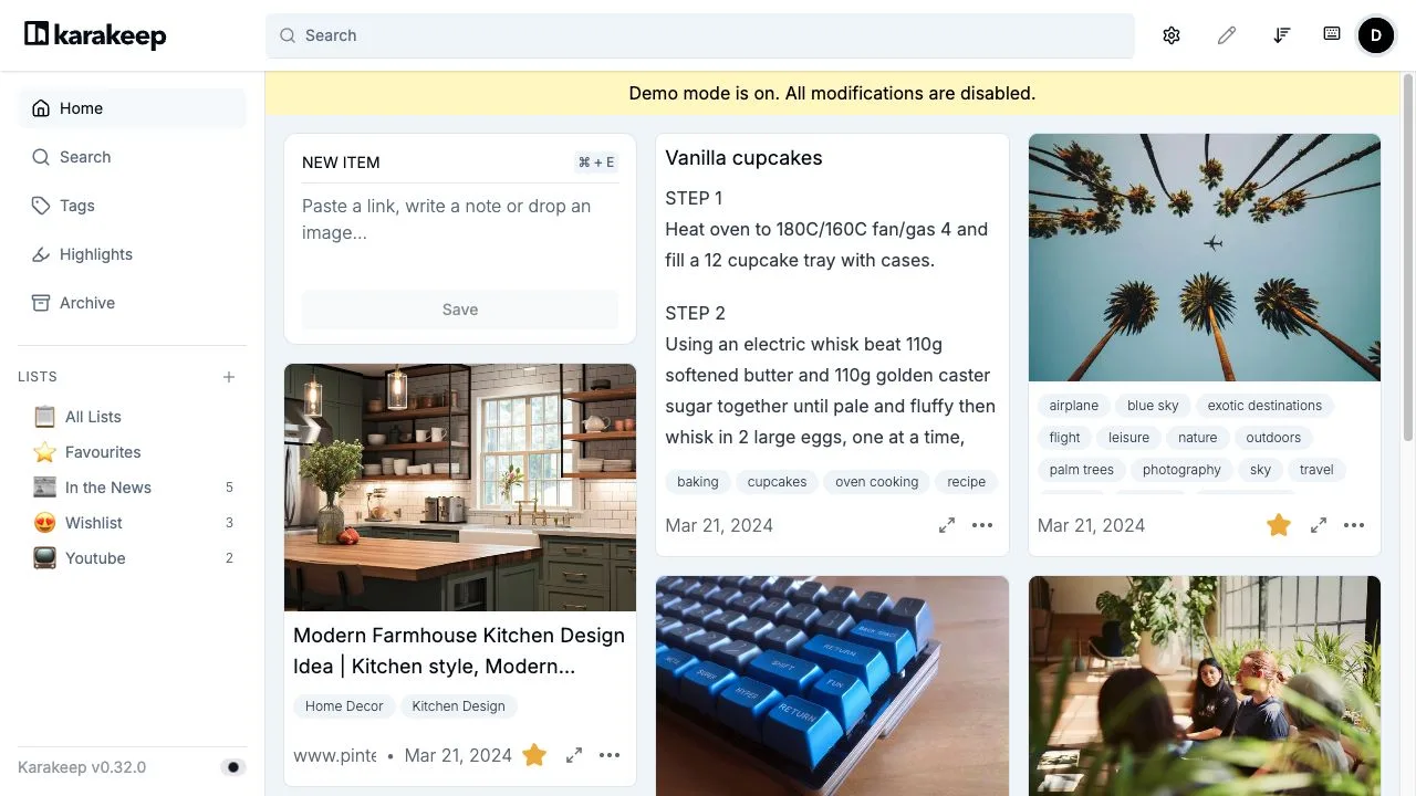 Karakeep official demo showing its bookmark dashboard
