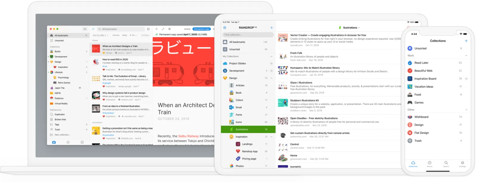 Raindrop.io official desktop and mobile apps showing the synced library