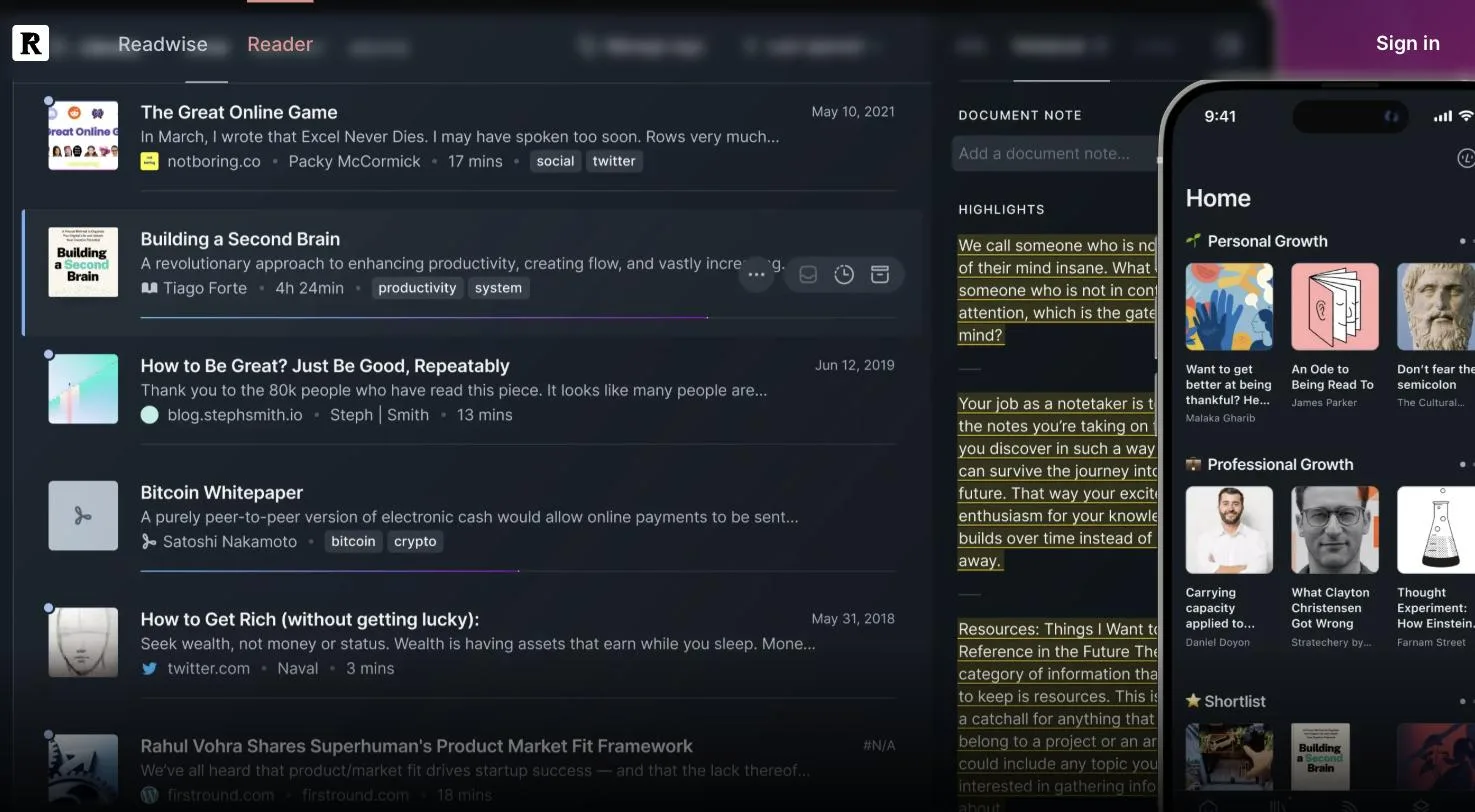 Readwise Reader official website showing its library and notebook panel