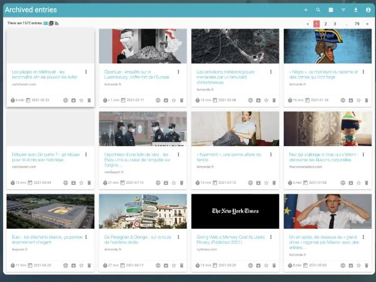 Wallabag official website showing its archived entries interface