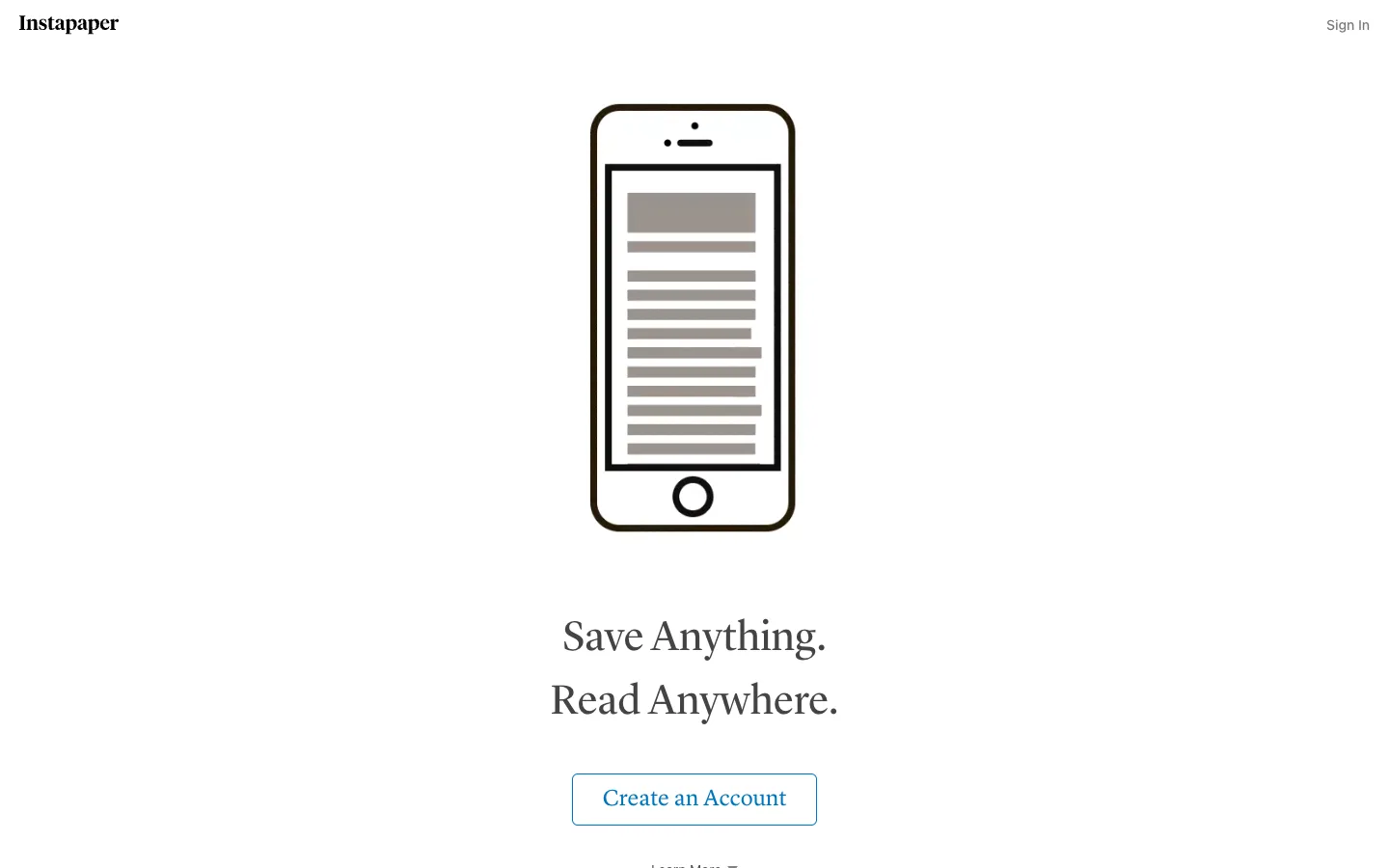 Instapaper official homepage showing its distraction-free reading concept