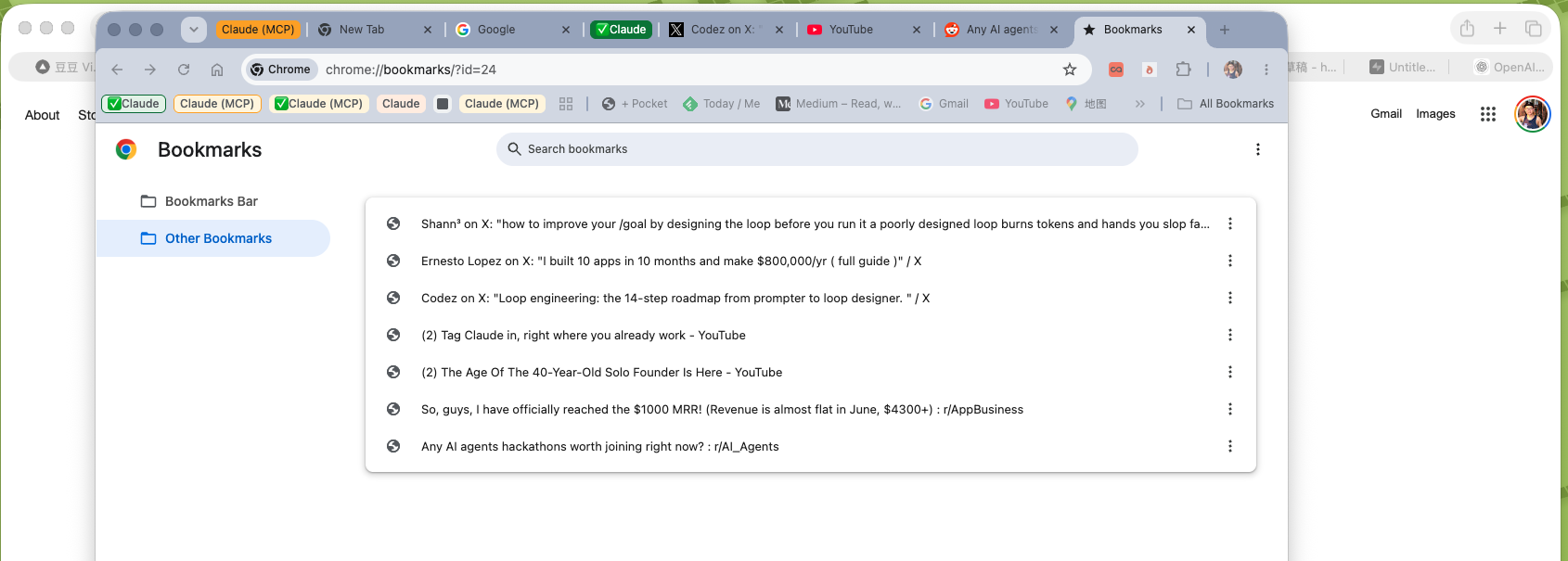Chrome built-in bookmark manager at chrome://bookmarks showing folder tree and search bar