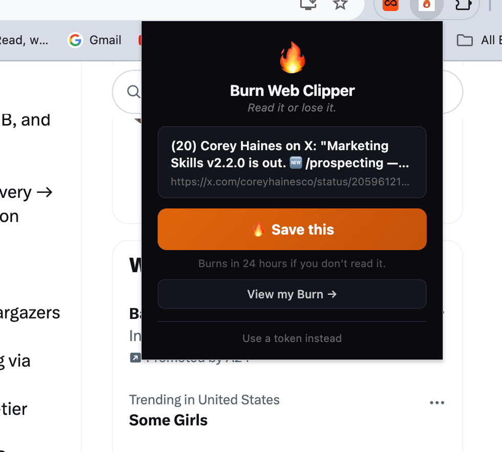 Burn Web Clipper Chrome extension popup showing one-click save with 24-hour countdown