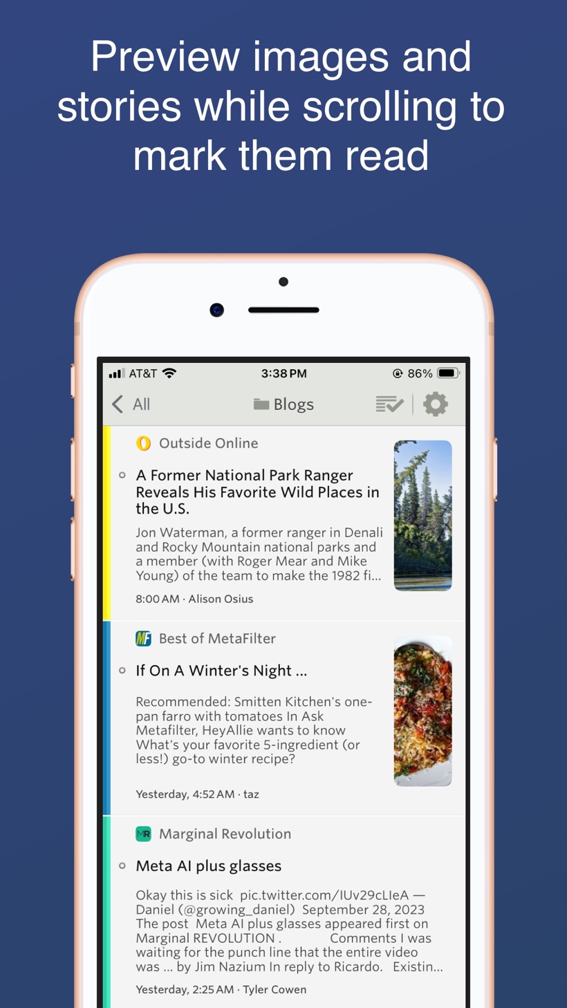 NewsBlur RSS reader app — story list on iOS