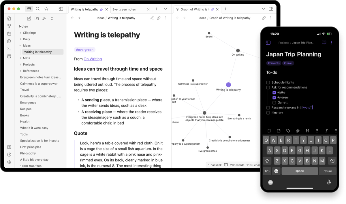 Obsidian desktop and mobile — local Markdown notes with graph view, an Evernote alternative you own