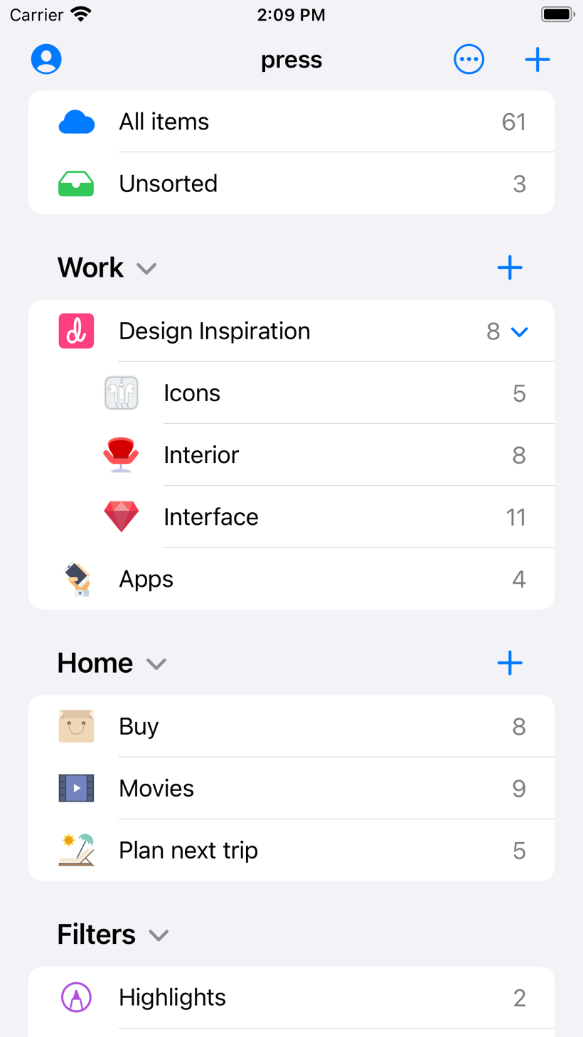 Raindrop.io app — collections and feeds on iOS