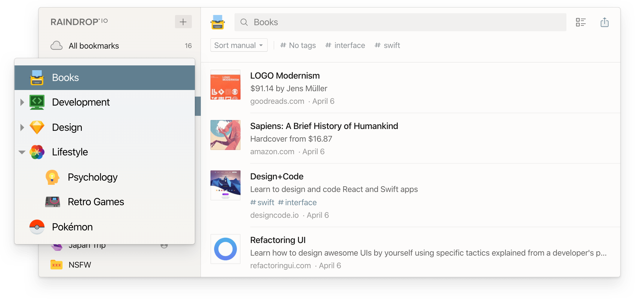 Raindrop.io desktop app — collection sidebar with folder hierarchy and tag browsing