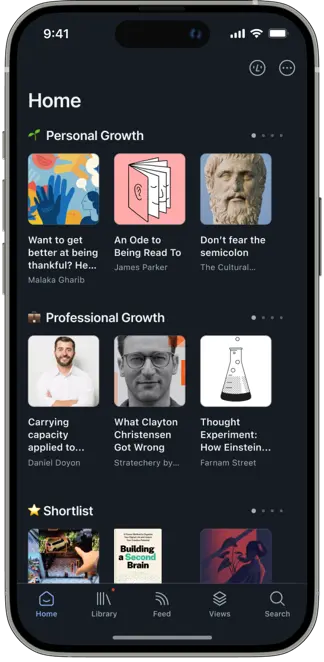 Readwise Reader on iPhone β Home tab with curated reading queues by category