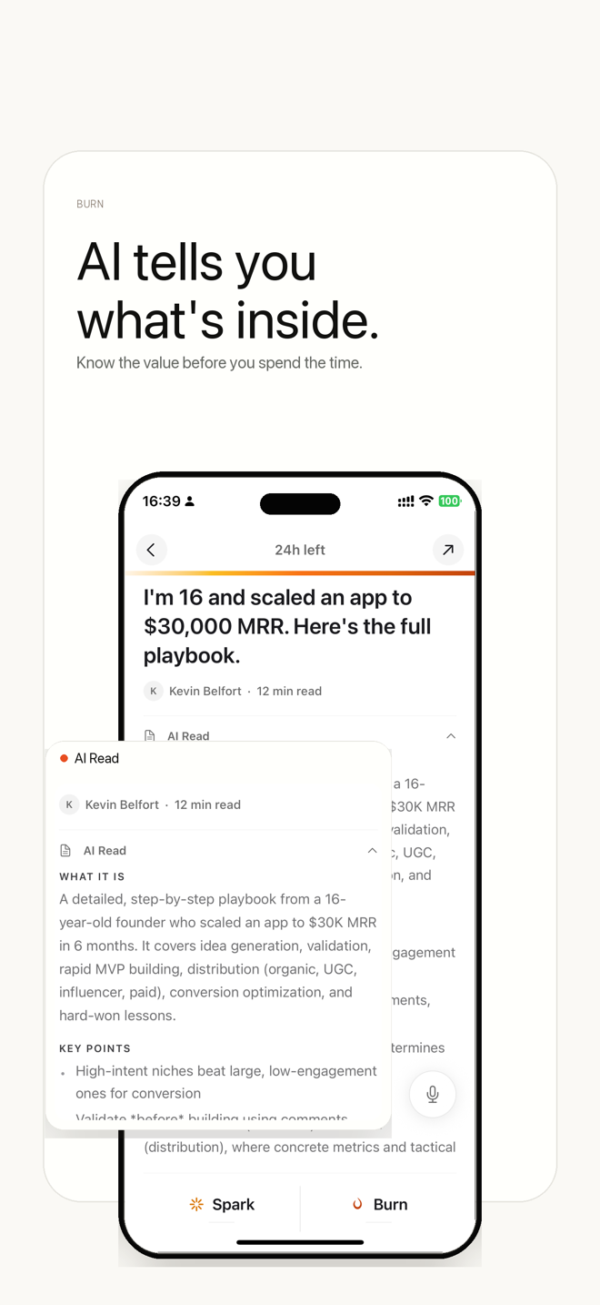Burn 451 AI Read — an AI summary showing what a saved article is about before you open it
