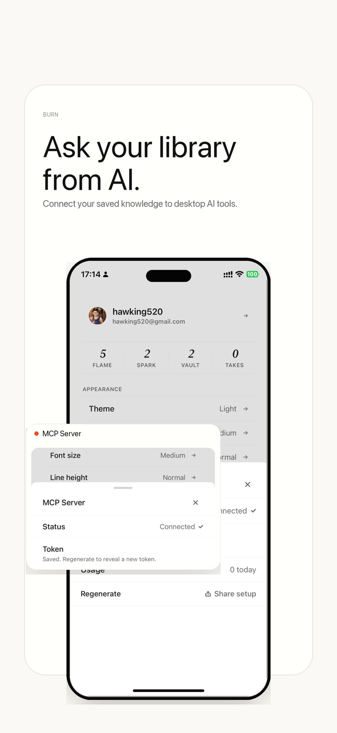Burn 451 MCP server settings — connect your reading vault to Claude, Cursor, and Windsurf