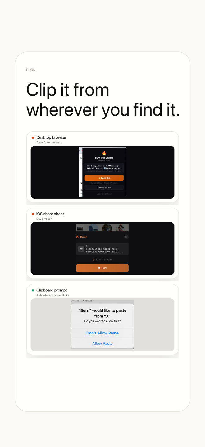 Save articles to Burn from any browser, the iOS share sheet, or the Chrome web clipper