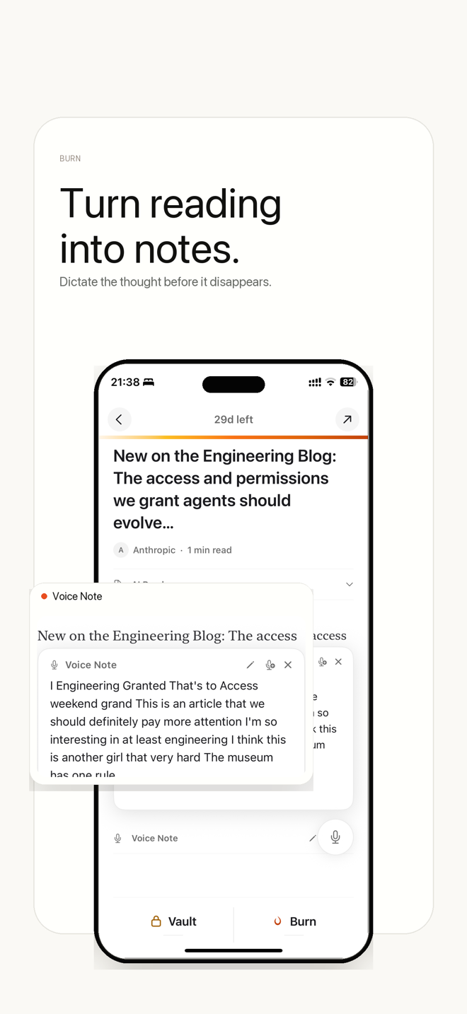 Burn 451 voice notes — a dictated note cleaned up by AI and saved to a bookmark