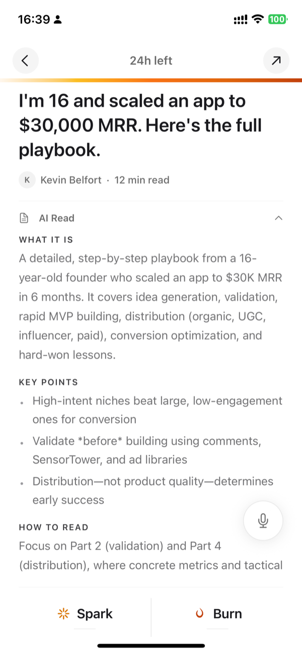 Burn 451 reader β AI summary with 24h left timer